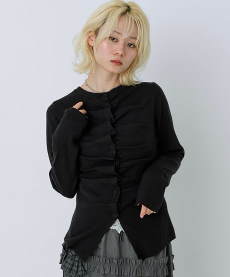 Front gather button cardigan (Black)