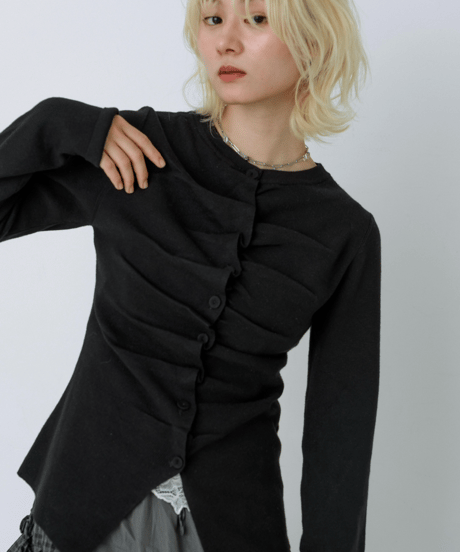 Front gather button cardigan (Black)