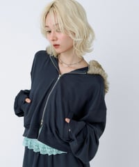 Fur hood double zip hoodie (Navy)