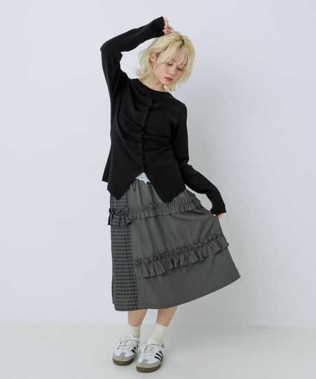 Front gather button cardigan (Black)