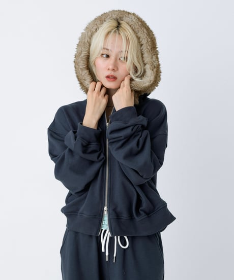 Fur hood double zip hoodie (Navy)