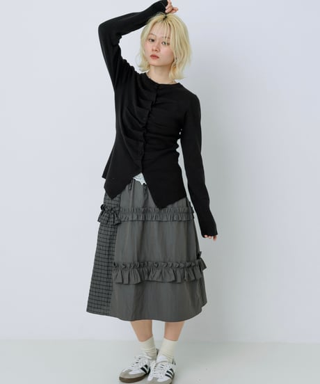 Front gather button cardigan (Black)
