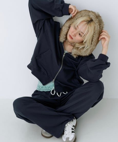 Fur hood double zip hoodie (Navy)