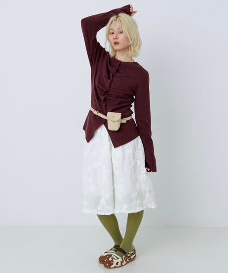 Front gather button cardigan (Burgundy)