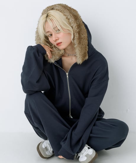 Fur hood double zip hoodie (Navy)