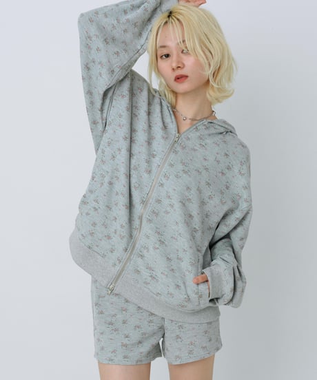 Floral print zip-up hoodie(Gray)