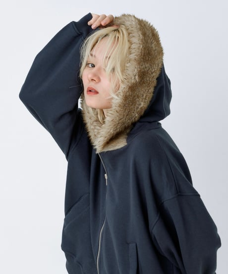 Fur hood double zip hoodie (Navy)