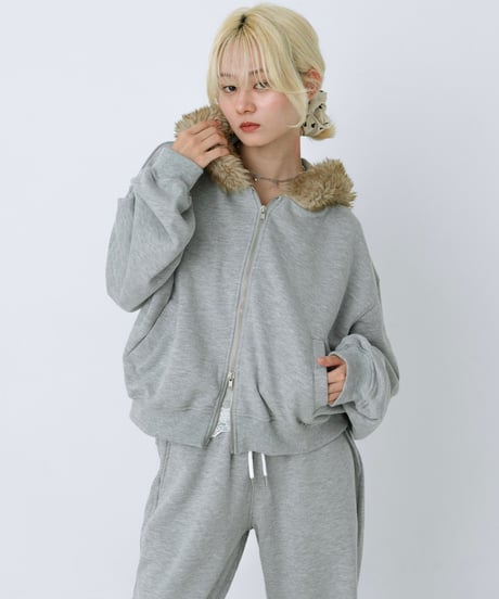 Fur hood double zip hoodie (Gray)