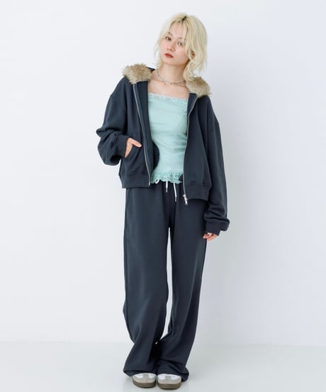 Fur hood double zip hoodie (Navy)
