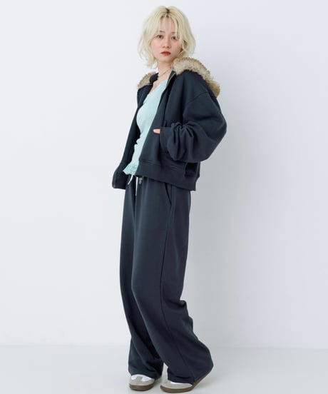 Fur hood double zip hoodie (Navy)
