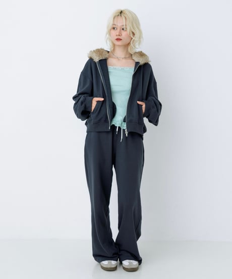Fur hood double zip hoodie (Navy)