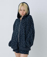 Floral print zip-up hoodie(Navy)