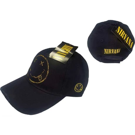 【公式新品】NIRVANA - HAPPY FACE BASEBALL CAP BLACK (Distressed) UNISEX  ニルヴァーナ グッズ 帽子