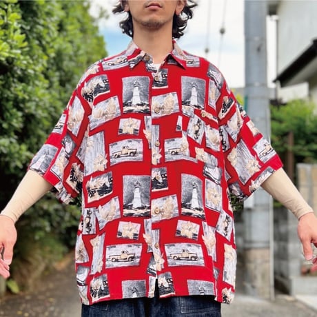 「Puritan(ピューリタン)」フォトコラージュ風 レーヨン レギュラーカラー 半袖シャツ [2205024]