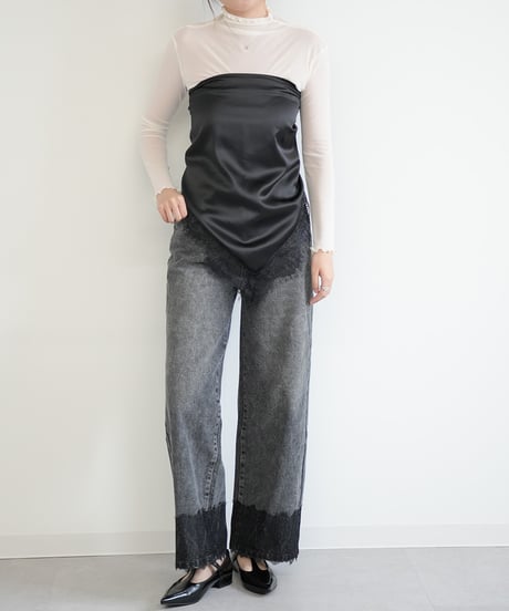レースヘムワイドデニムパンツ