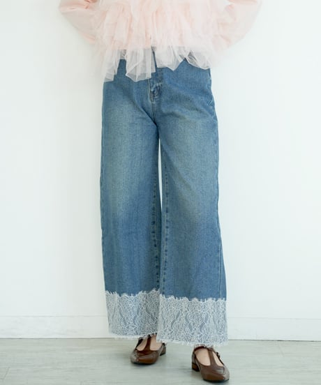 レースヘムワイドデニムパンツ
