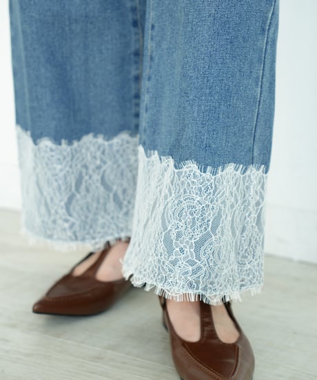レースヘムワイドデニムパンツ