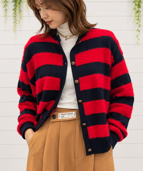 【Margaux Vintage】異素材ボーダークルーカーディガン【MG KN-26121-A】