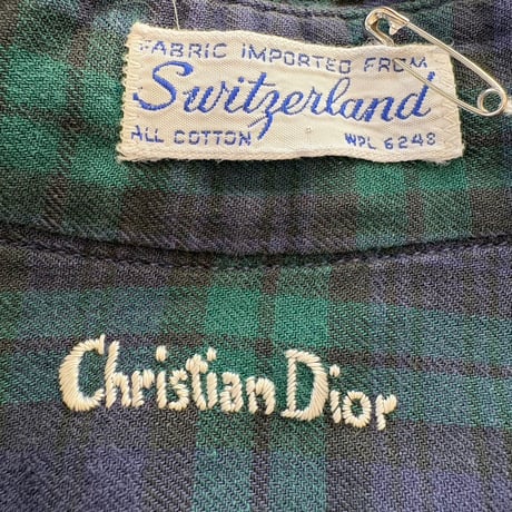 60s- スイス製 Chrisian Dior ブランドロゴ刺繍 チェックシャツ