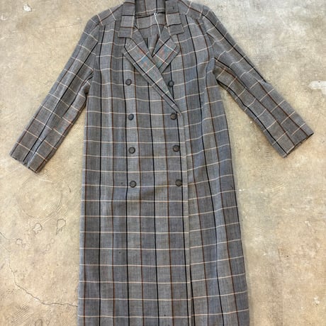 vintage ダブルボタン グレンチェック ロング コート ワンピース
