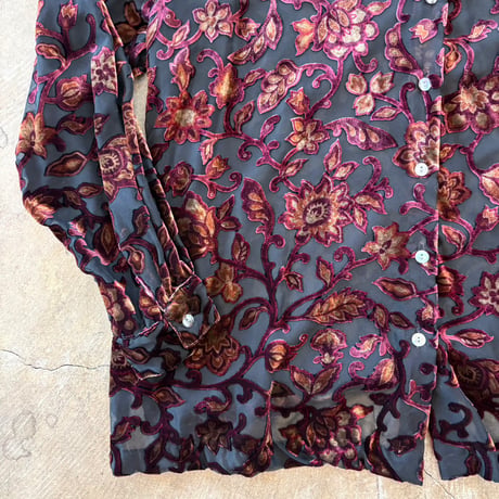 90s ベロア シースルー 花柄 デザイン 長袖 シャツ