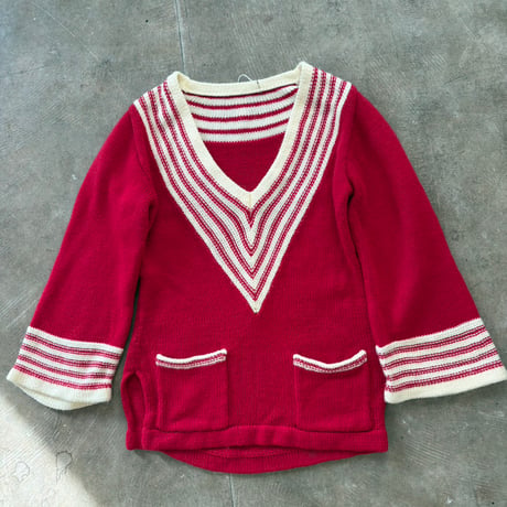 70s カレッジデザイン 2ポケット付き 袖フレア ニット セーター