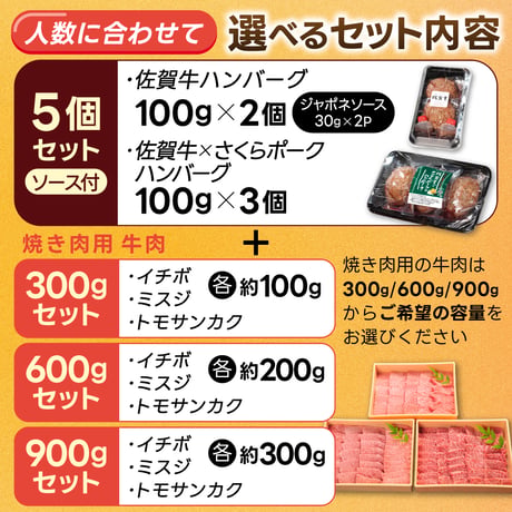 【送料無料】★焼肉セット★佐賀牛 焼き肉 ハンバーグ 詰合せ ソース付 | 冷凍 牛肉 詰め合わせ 高級 ギフト 通販【1枚100g】選べる 300g/600g/900g