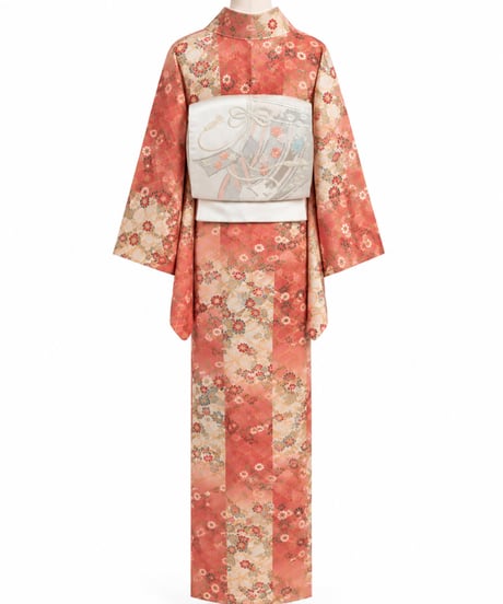 【華やか上品正絹小紋】大人可愛いサーモンピンクの花柄｜古典柄・金彩調・正絹風｜1人で着られる らくらく着物 美麗
