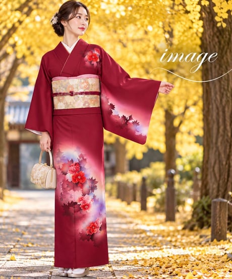 【大人の華やぎを纏う訪問着】深紅の花模様 らくらく着物｜上品な和モダン 花柄 五重塔 洗練された大人の和装 お出かけ 観劇 食事会