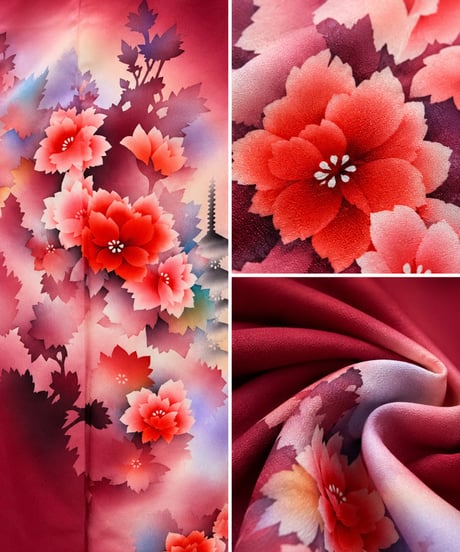 【大人の華やぎを纏う訪問着】深紅の花模様 らくらく着物｜上品な和モダン 花柄 五重塔 洗練された大人の和装 お出かけ 観劇 食事会