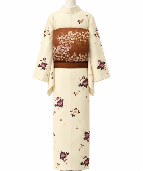 【正絹風着物×帯SET】トールサイズ　上品なクリーム色 花柄小紋 着物＆帯セット｜洗える着物 おしゃれ着 和装 お稽古 お出かけ　らくらく着物