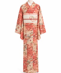 【華やか上品正絹小紋】大人可愛いサーモンピンクの花柄｜古典柄・金彩調・正絹風｜1人で着られる らくらく着物 美麗
