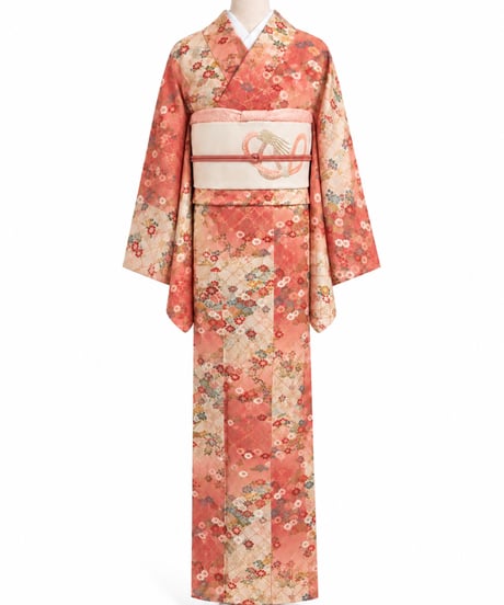 【華やか上品正絹小紋】大人可愛いサーモンピンクの花柄｜古典柄・金彩調・正絹風｜1人で着られる らくらく着物 美麗