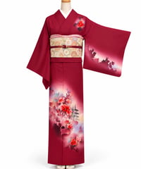 【大人の華やぎを纏う訪問着】深紅の花模様 らくらく着物｜上品な和モダン 花柄 五重塔 洗練された大人の和装 お出かけ 観劇 食事会