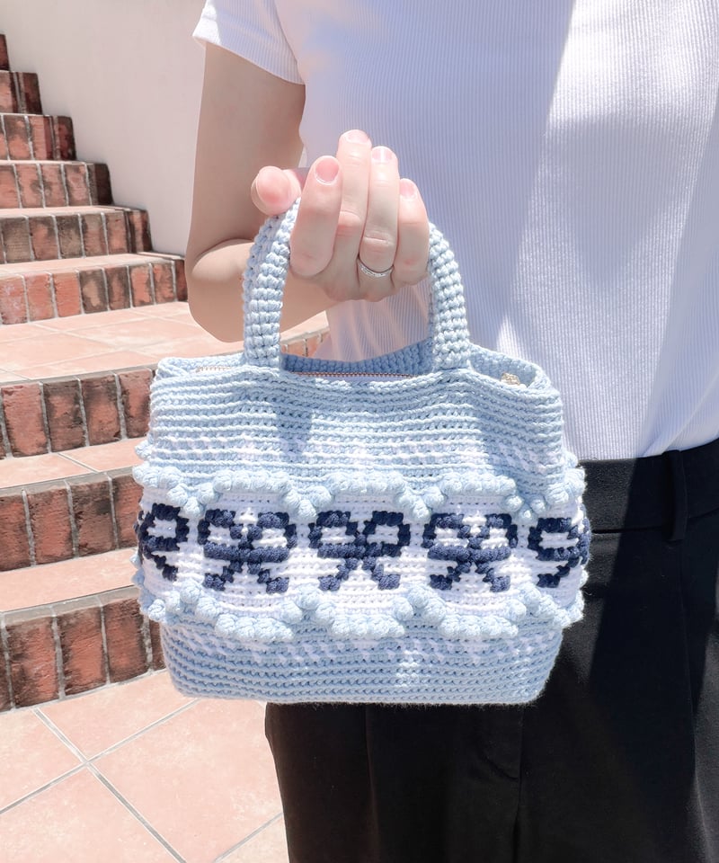 ハンドメイド 3roomsバッグ M リボンボーダー 編み図 / PDF 】リボンハンドバッグ | Noul Knit