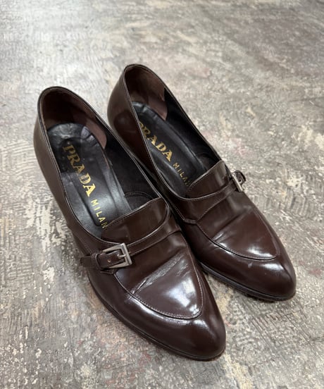 PRADA レザー ヒールローファー_サイズ37 1/2
