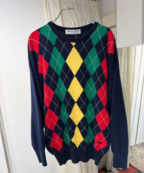 80s スコットランド製 Burberry アーガイル柄コットンニット