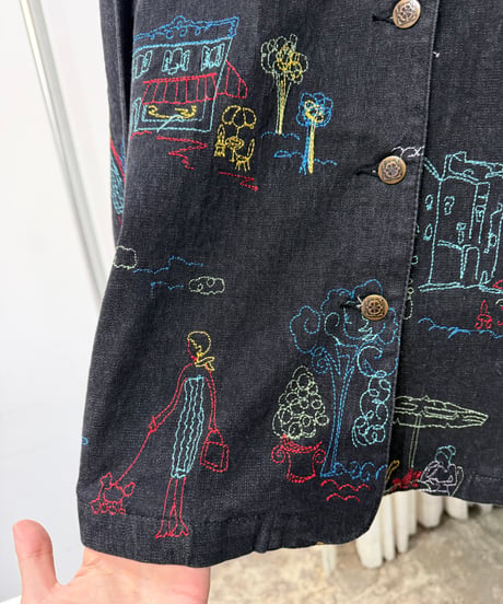 90s 刺繍 ブラックデニムジャケット