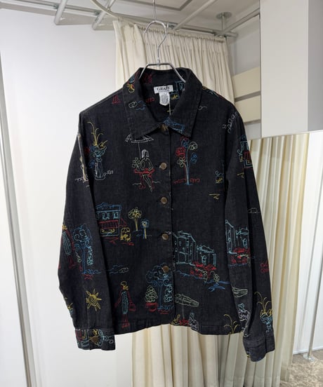90s 刺繍 ブラックデニムジャケット