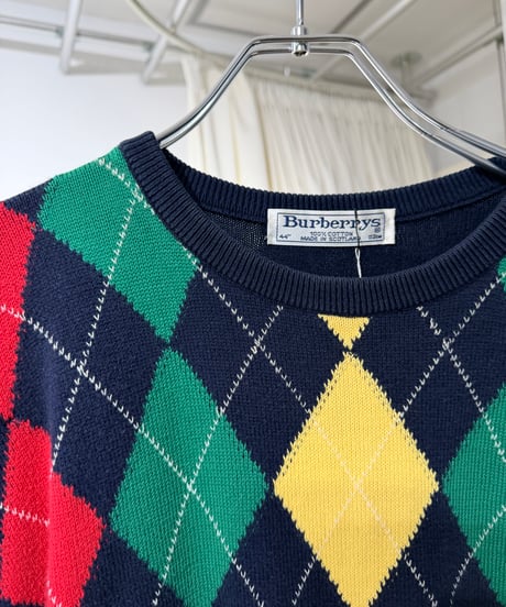80s スコットランド製 Burberry アーガイル柄コットンニット