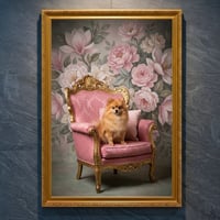 犬（ポメラニアン）のロココ調シャビーピンクアート A4金縁額装インテリア壁掛け