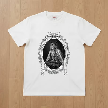 ベンガルワシミミズク半袖Tシャツ ルネサンス風モノクロアート ホワイト 男女兼用