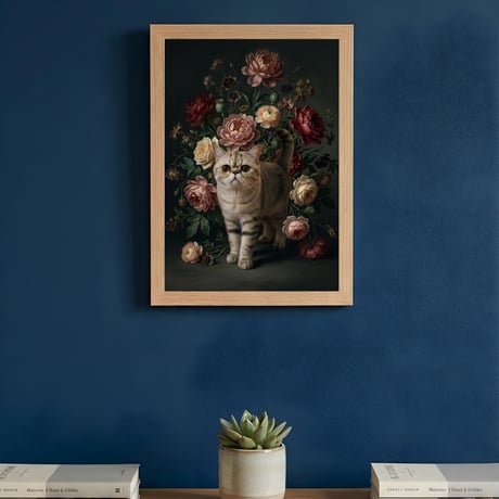 猫（エキゾチックショートヘア）の花の油絵風アート A4額装インテリア壁掛け
