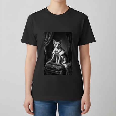 猫（デボンレックス）半袖Tシャツ ルネサンス風モノクロアート ブラック 男女兼用