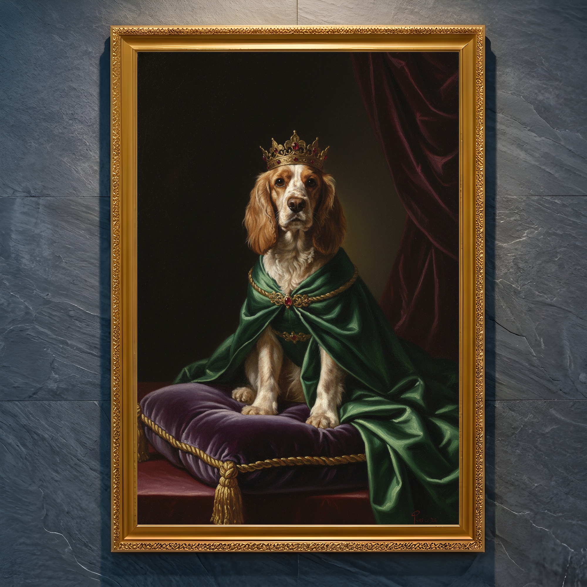 犬（コッカースパニエル）のルネサンス風肖像画 A4金縁額装インテリア