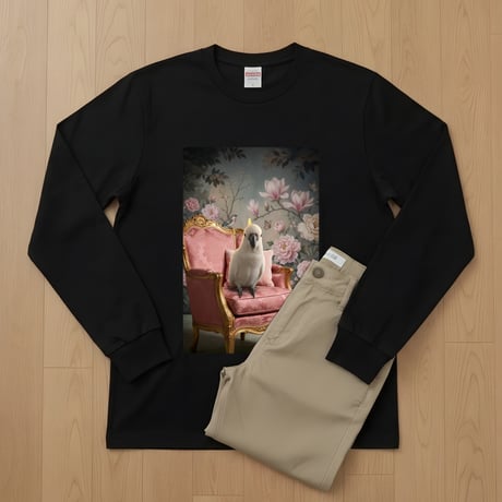 インコ（タイハクオウム）長袖Tシャツ ロココ調シャビーピンク ブラック 男女兼用
