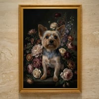 犬（ヨークシャーテリア）の花に囲まれた油絵風アート A3額装インテリア壁掛け