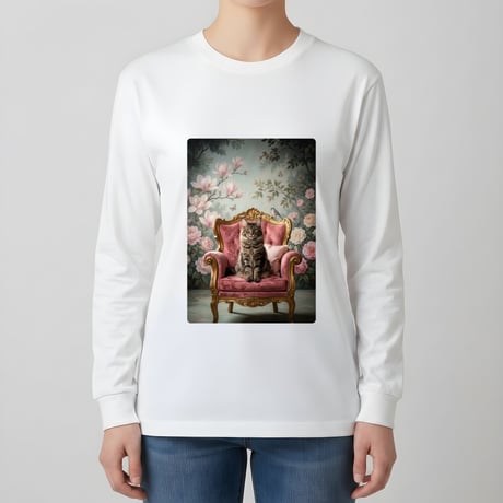 猫（メインクーン）長袖Tシャツ ロココ調シャビーピンク ホワイト 男女兼用