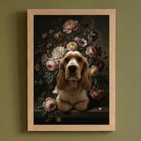 犬（コッカースパニエル）の花に囲まれた油絵風アート A4額装インテリア壁掛け