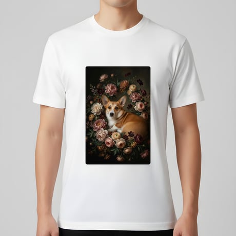 犬（コーギー）半袖Tシャツ 花の油絵風アート ホワイト 男女兼用